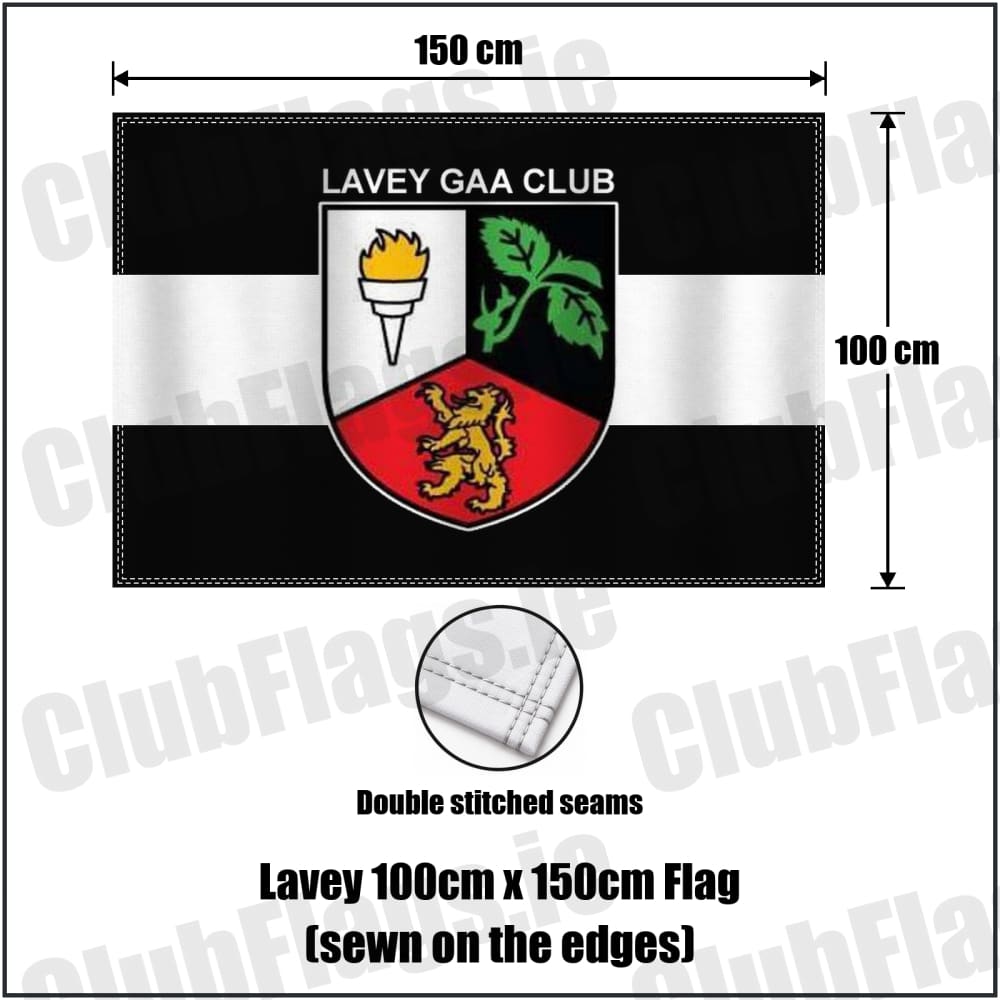 Lavey 100cm x 150cm Flag (sewn on the edges) in black and white, featuring the club crest on realistic fabric with gentle vertical folds; County Cavan GAA. ClubFlags.ie.