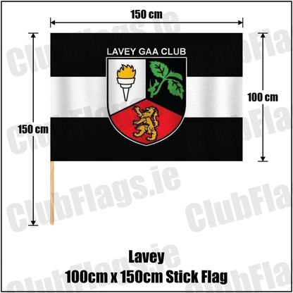 Lavey 100cm x 150cm Stick Flag in black and white, featuring the club crest on realistic fabric with gentle vertical folds; County Cavan GAA. ClubFlags.ie.