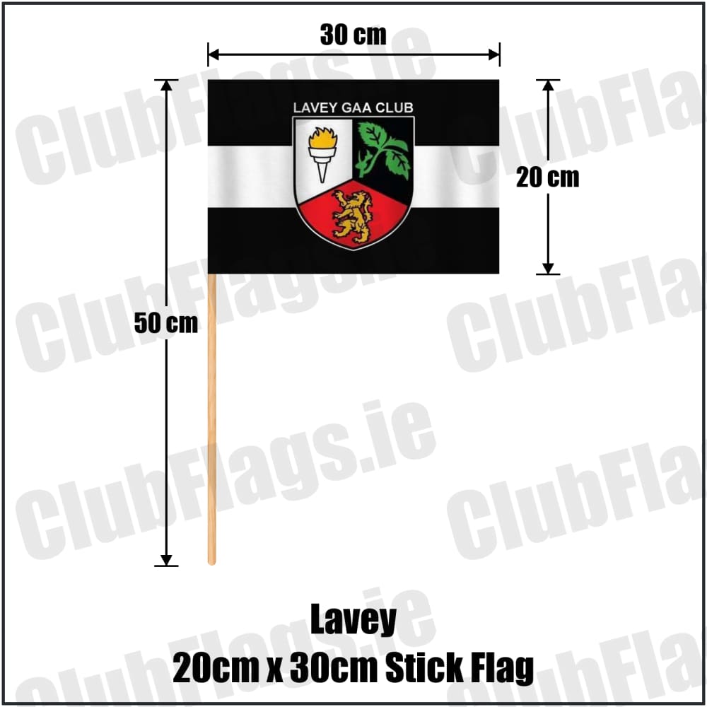 Lavey 20cm x 30cm Stick Flag in black and white, featuring the club crest on realistic fabric with gentle vertical folds; County Cavan GAA. ClubFlags.ie.