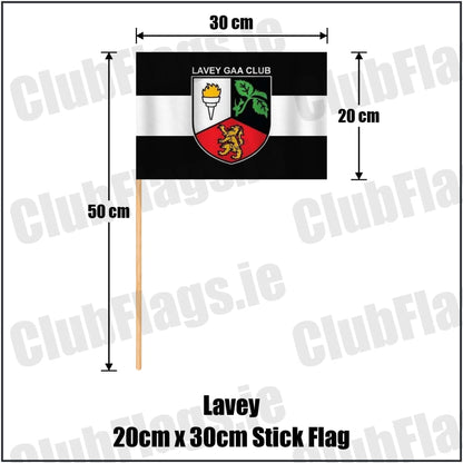 Lavey 20cm x 30cm Stick Flag in black and white, featuring the club crest on realistic fabric with gentle vertical folds; County Cavan GAA. ClubFlags.ie.