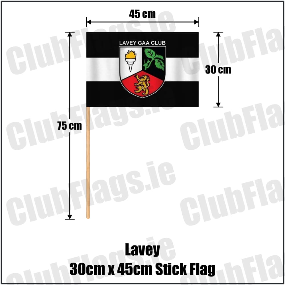 Lavey 30cm x 45cm Stick Flag in black and white, featuring the club crest on realistic fabric with gentle vertical folds; County Cavan GAA. ClubFlags.ie.