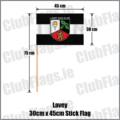 Lavey 30cm x 45cm Stick Flag in black and white, featuring the club crest on realistic fabric with gentle vertical folds; County Cavan GAA. ClubFlags.ie.