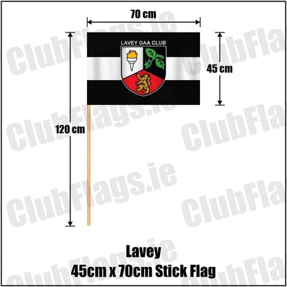 Lavey 45cm x 70cm Stick Flag in black and white, featuring the club crest on realistic fabric with gentle vertical folds; County Cavan GAA. ClubFlags.ie.