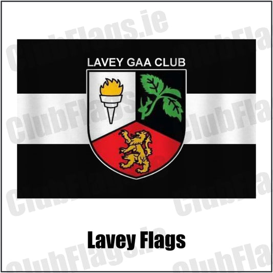 Lavey Flags in black and white, featuring the club crest on realistic fabric with gentle vertical folds; County Cavan GAA. ClubFlags.ie.