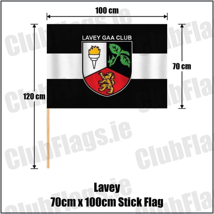 Lavey 70cm x 100cm Stick Flag in black and white, featuring the club crest on realistic fabric with gentle vertical folds; County Cavan GAA. ClubFlags.ie.