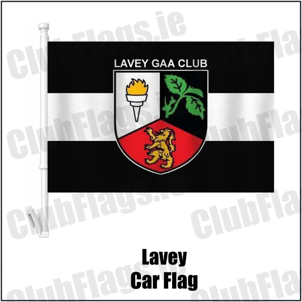Lavey Car Flag in black and white, featuring the club crest on realistic fabric with gentle vertical folds; County Cavan GAA. ClubFlags.ie.