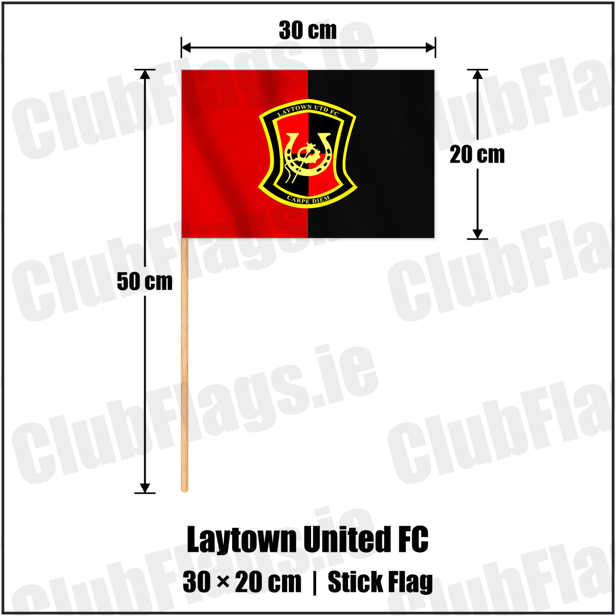 Laytown United FC 20cm x 30cm Stick Flag with the club crest and colours, Meath Football - ClubFlags.ie