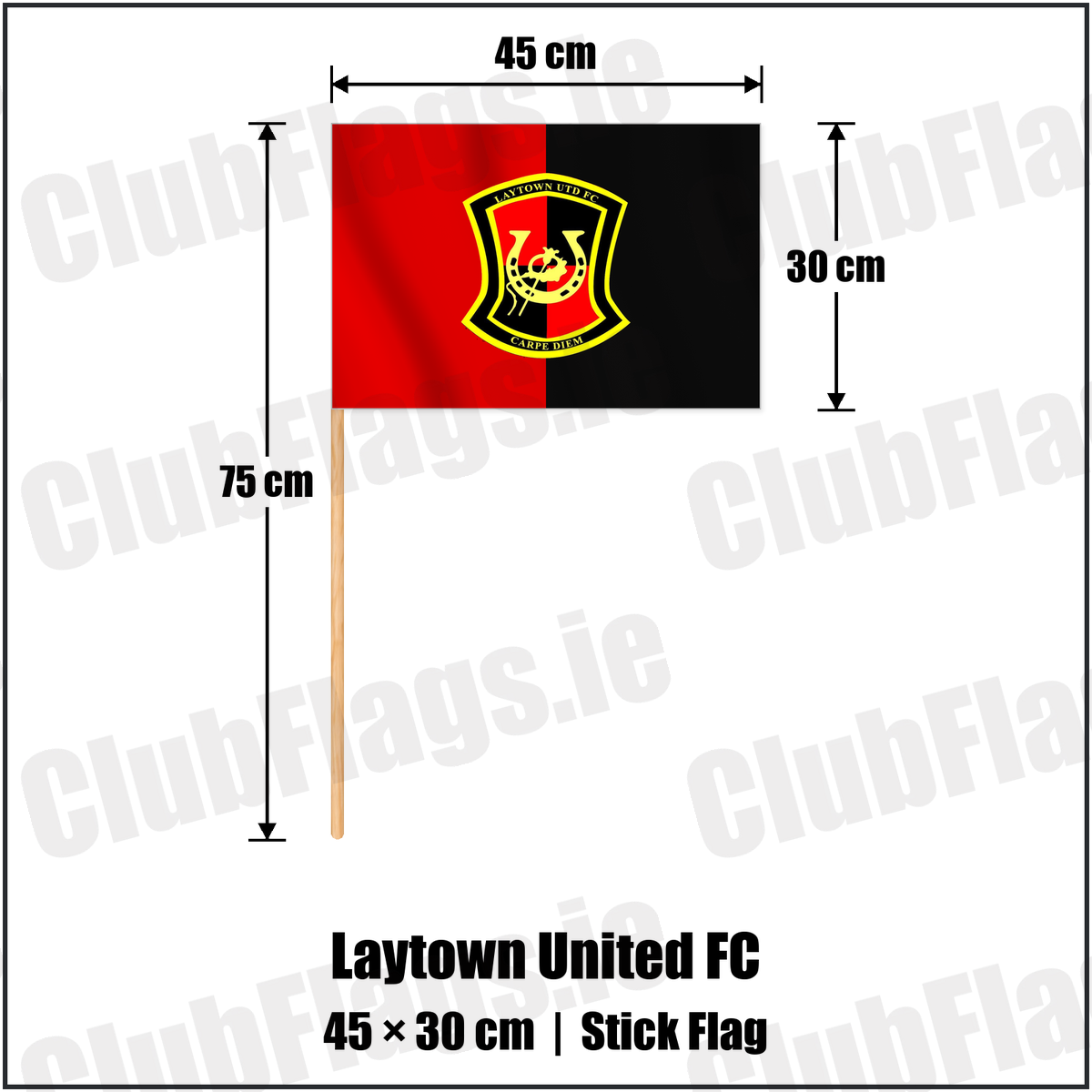 Laytown United FC 30cm x 45cm Stick Flag with the club crest and colours, Meath Football - ClubFlags.ie