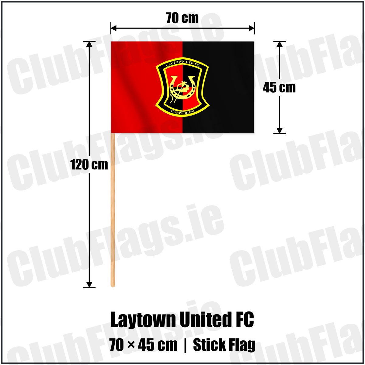 Laytown United FC 45cm x 70cm Stick Flag with the club crest and colours, Meath Football - ClubFlags.ie