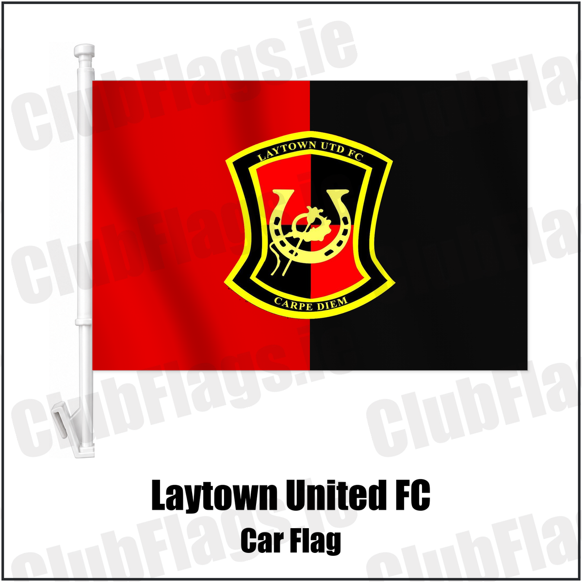 Laytown United FC Car Flag with the club crest and colours, Meath Football - ClubFlags.ie