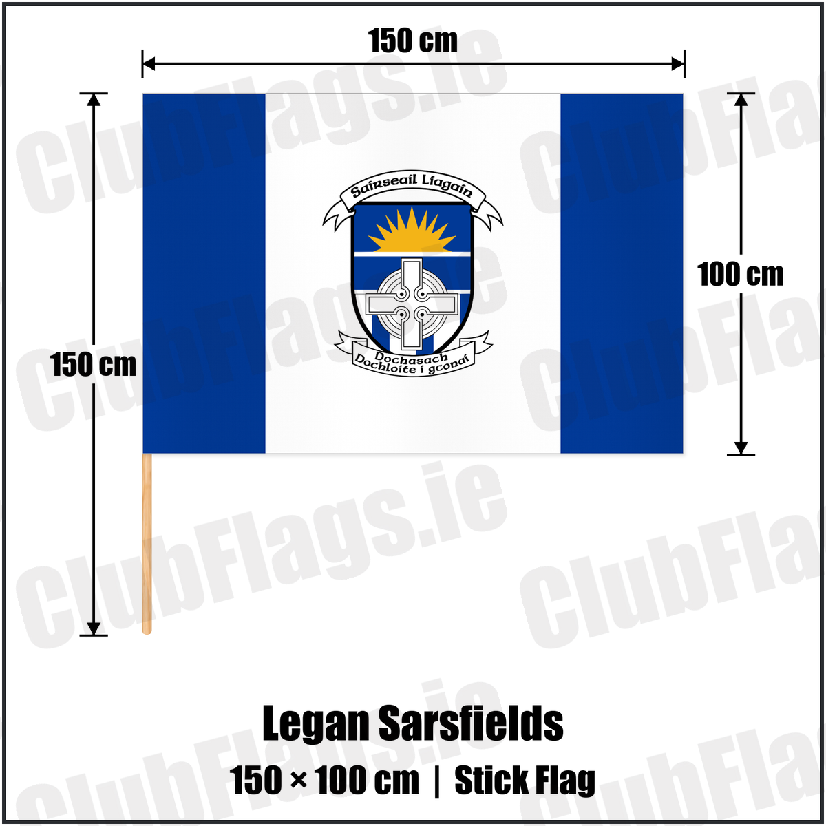 Legan Sarsfields 100cm x 150cm Stick Flag with the club crest and colours, Longford GAA - ClubFlags.ie