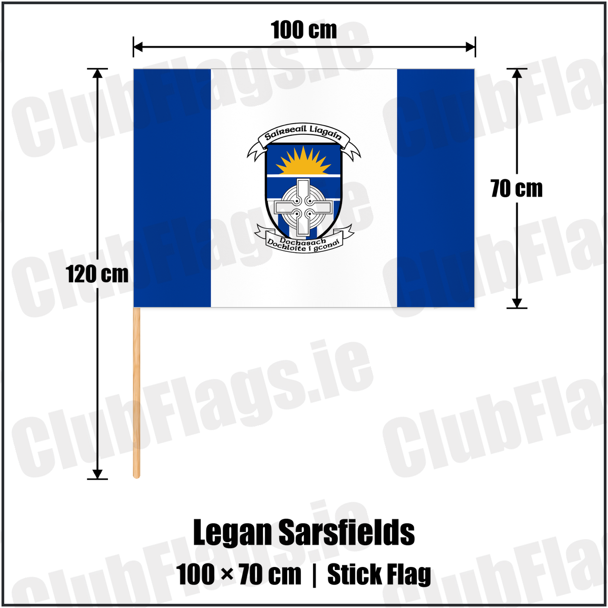 Legan Sarsfields 70cm x 100cm Stick Flag with the club crest and colours, Longford GAA - ClubFlags.ie