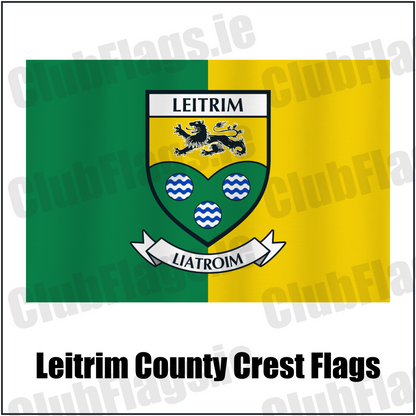 Leitrim county crest flag in green and yellow, with county name and crest.