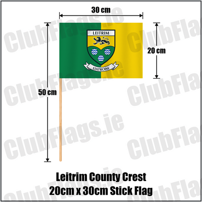Leitrim county crest 20 × 30 cm stick flag in green and yellow, with a 50 cm wooden stick and dimension arrows.