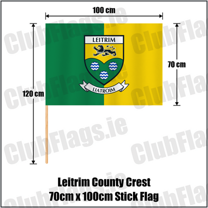 Leitrim county crest 70 × 100 cm stick flag in green and yellow, with a 120 cm wooden stick and dimension arrows.