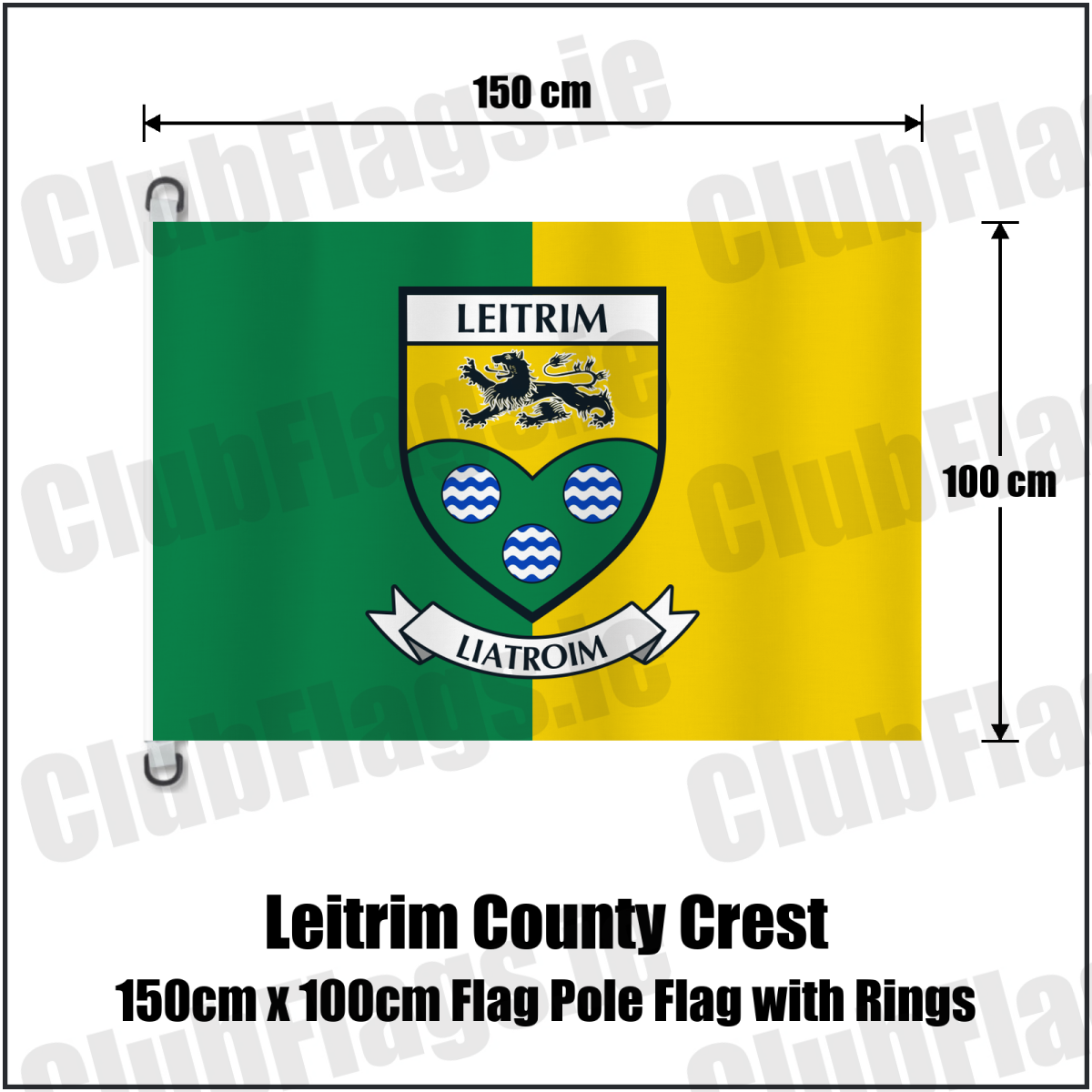 Leitrim county crest flag, 150 cm wide × 100 cm high, in green and yellow, with two dark attachment rings on white tabs and no pole.
