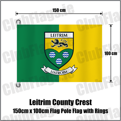 Leitrim county crest flag, 150 cm wide × 100 cm high, in green and yellow, with two dark attachment rings on white tabs and no pole.