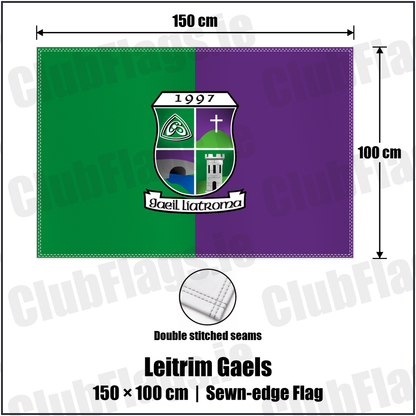 Leitrim Gaels 100cm x 150cm Flag (sewn on the edges) with the club crest and colours, Leitrim GAA - ClubFlags.ie