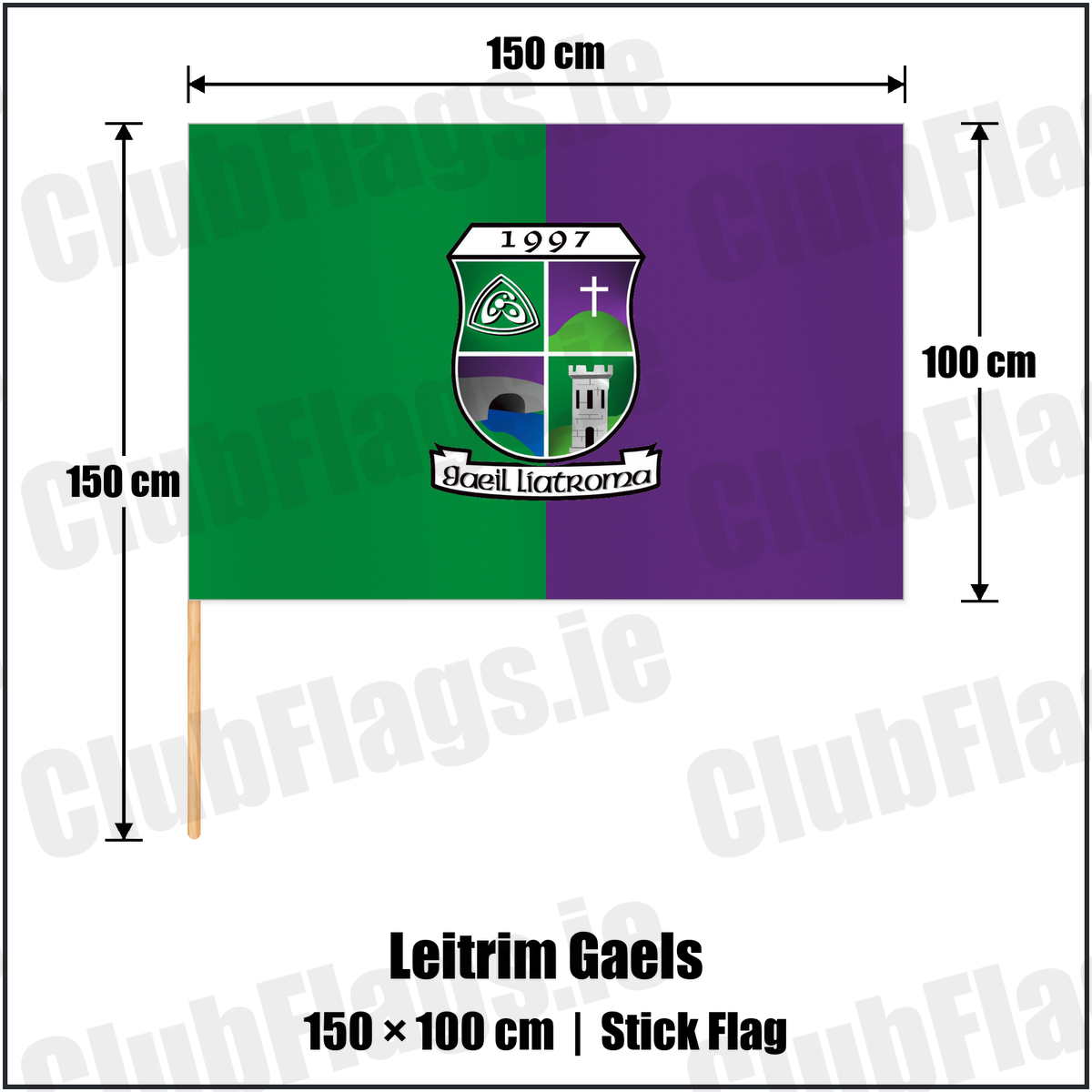Leitrim Gaels 100cm x 150cm Stick Flag with the club crest and colours, Leitrim GAA - ClubFlags.ie