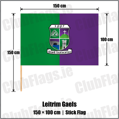 Leitrim Gaels 100cm x 150cm Stick Flag with the club crest and colours, Leitrim GAA - ClubFlags.ie