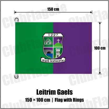Leitrim Gaels 150cm x 100cm Flag Pole Flag with Rings with the club crest and colours, Leitrim GAA - ClubFlags.ie