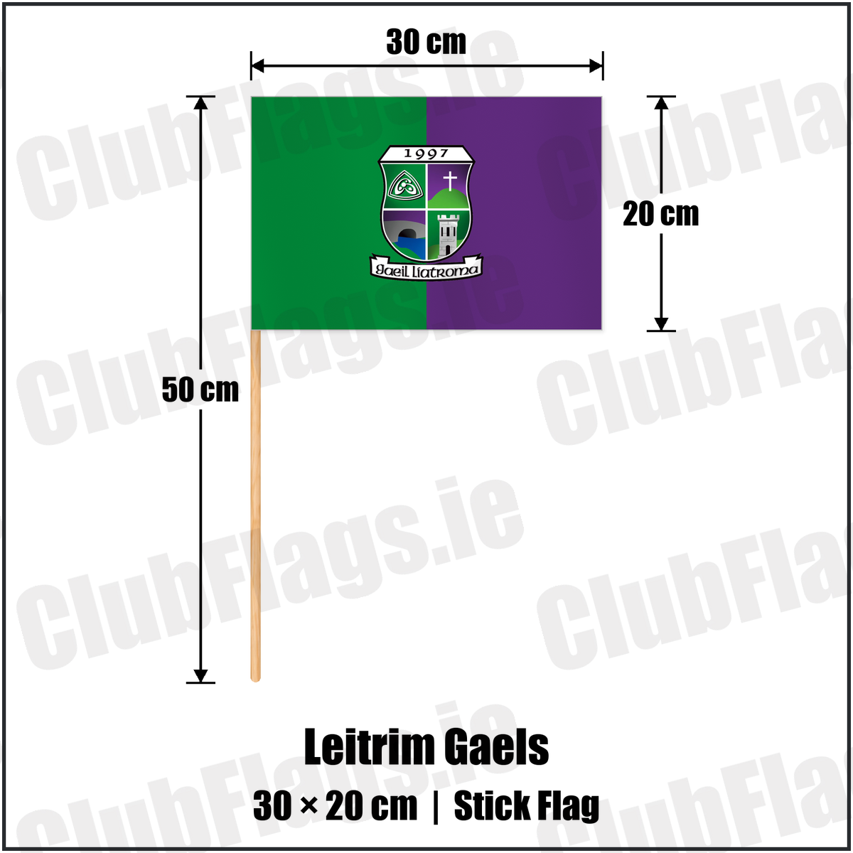 Leitrim Gaels 20cm x 30cm Stick Flag with the club crest and colours, Leitrim GAA - ClubFlags.ie