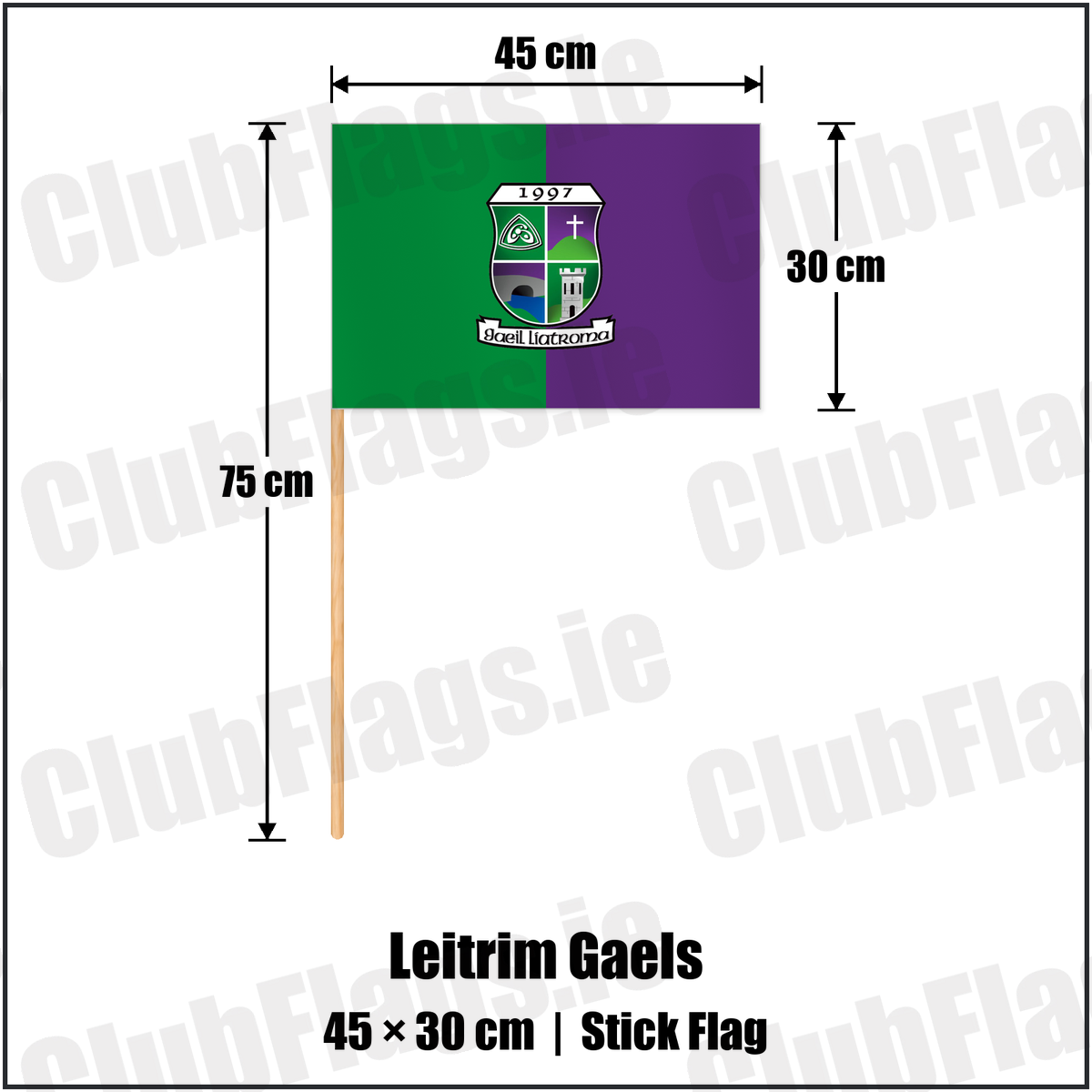 Leitrim Gaels 30cm x 45cm Stick Flag with the club crest and colours, Leitrim GAA - ClubFlags.ie