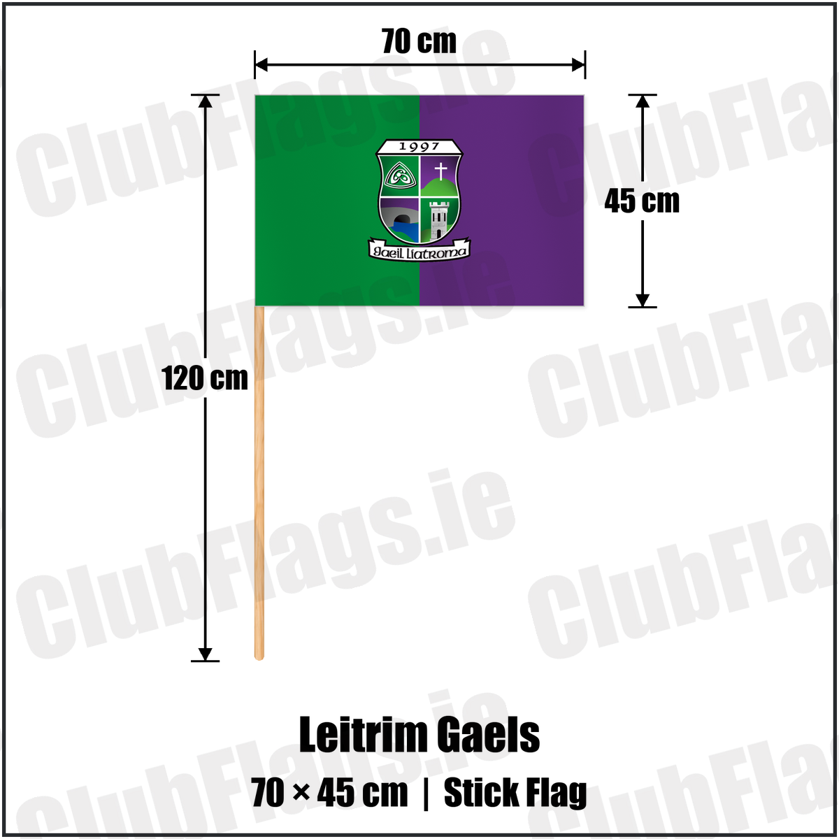 Leitrim Gaels 45cm x 70cm Stick Flag with the club crest and colours, Leitrim GAA - ClubFlags.ie