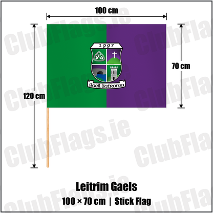 Leitrim Gaels 70cm x 100cm Stick Flag with the club crest and colours, Leitrim GAA - ClubFlags.ie