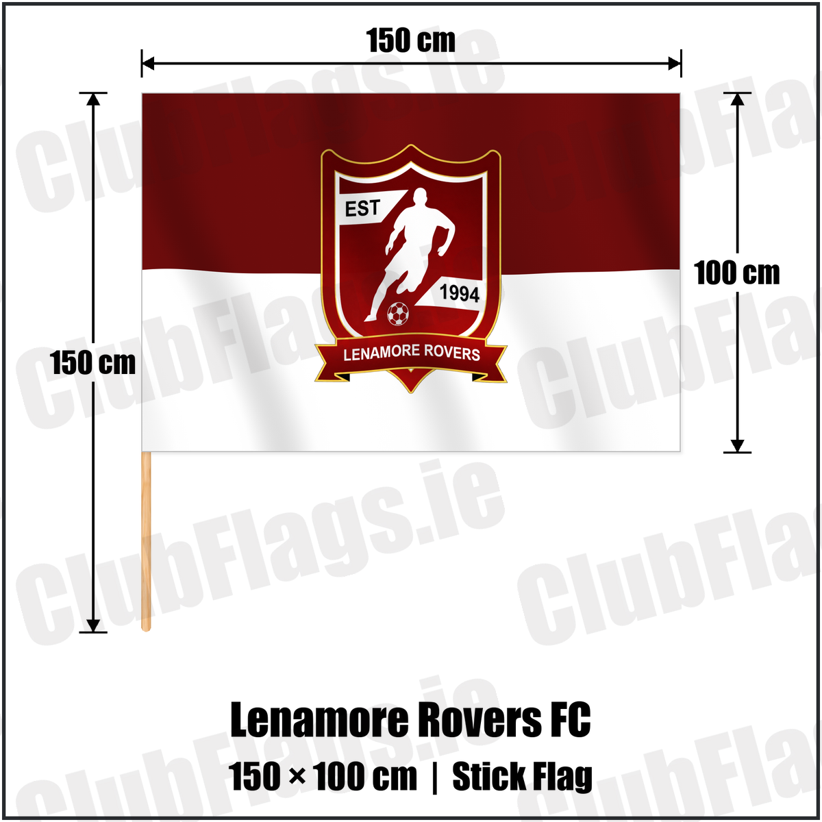 Lenamore Rovers FC 100cm x 150cm Stick Flag with the verified club crest and colours, Kerry Football - ClubFlags.ie