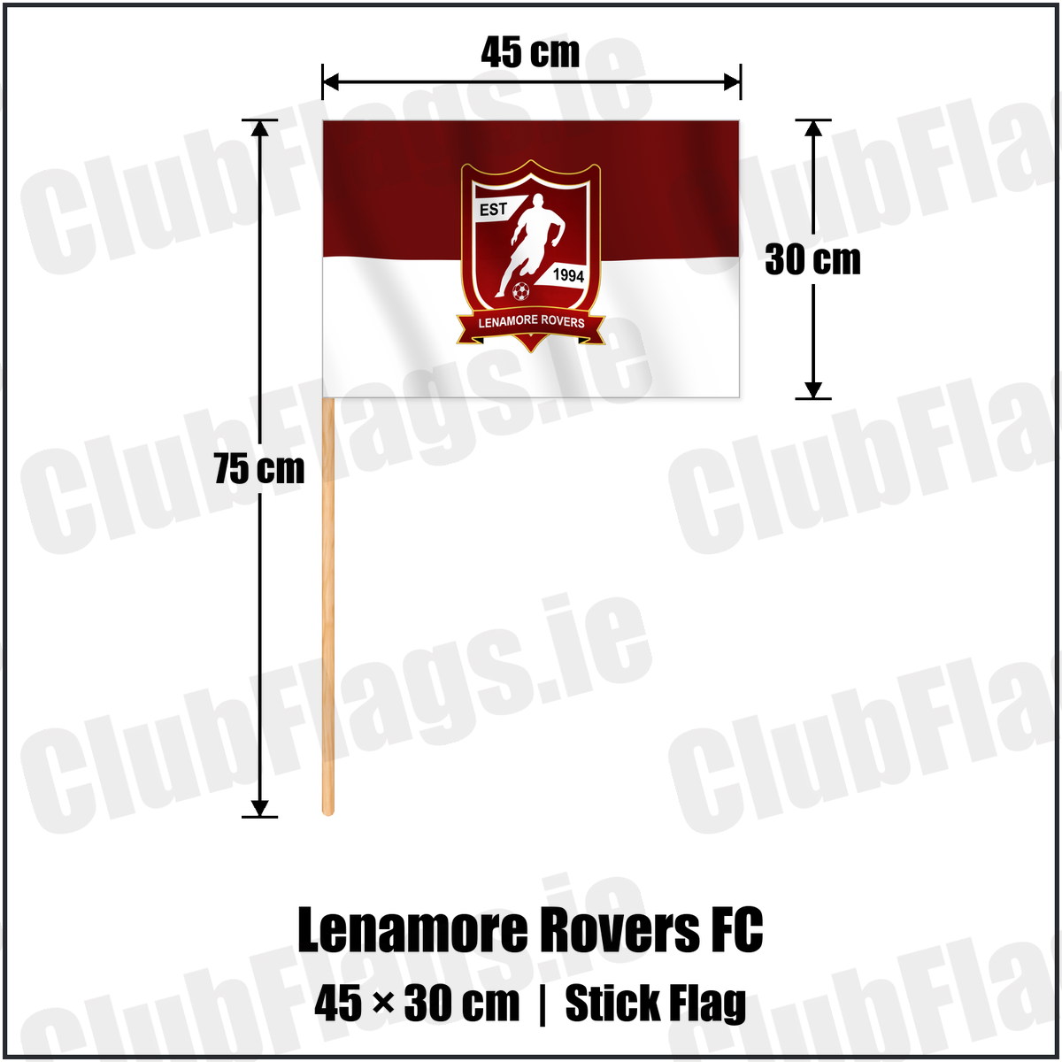 Lenamore Rovers FC 30cm x 45cm Stick Flag with the verified club crest and colours, Kerry Football - ClubFlags.ie