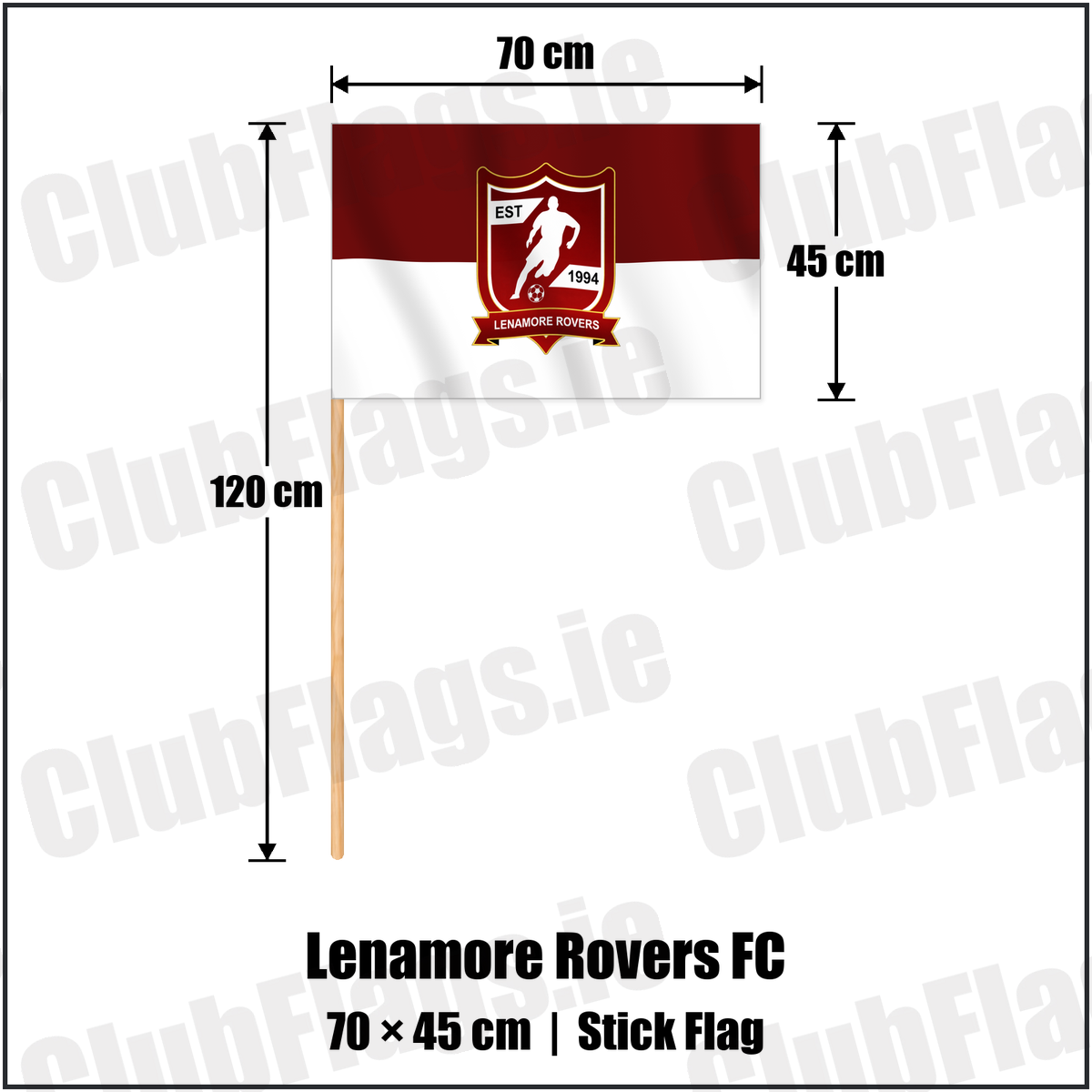 Lenamore Rovers FC 45cm x 70cm Stick Flag with the verified club crest and colours, Kerry Football - ClubFlags.ie