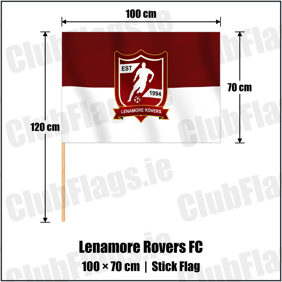 Lenamore Rovers FC 70cm x 100cm Stick Flag with the verified club crest and colours, Kerry Football - ClubFlags.ie
