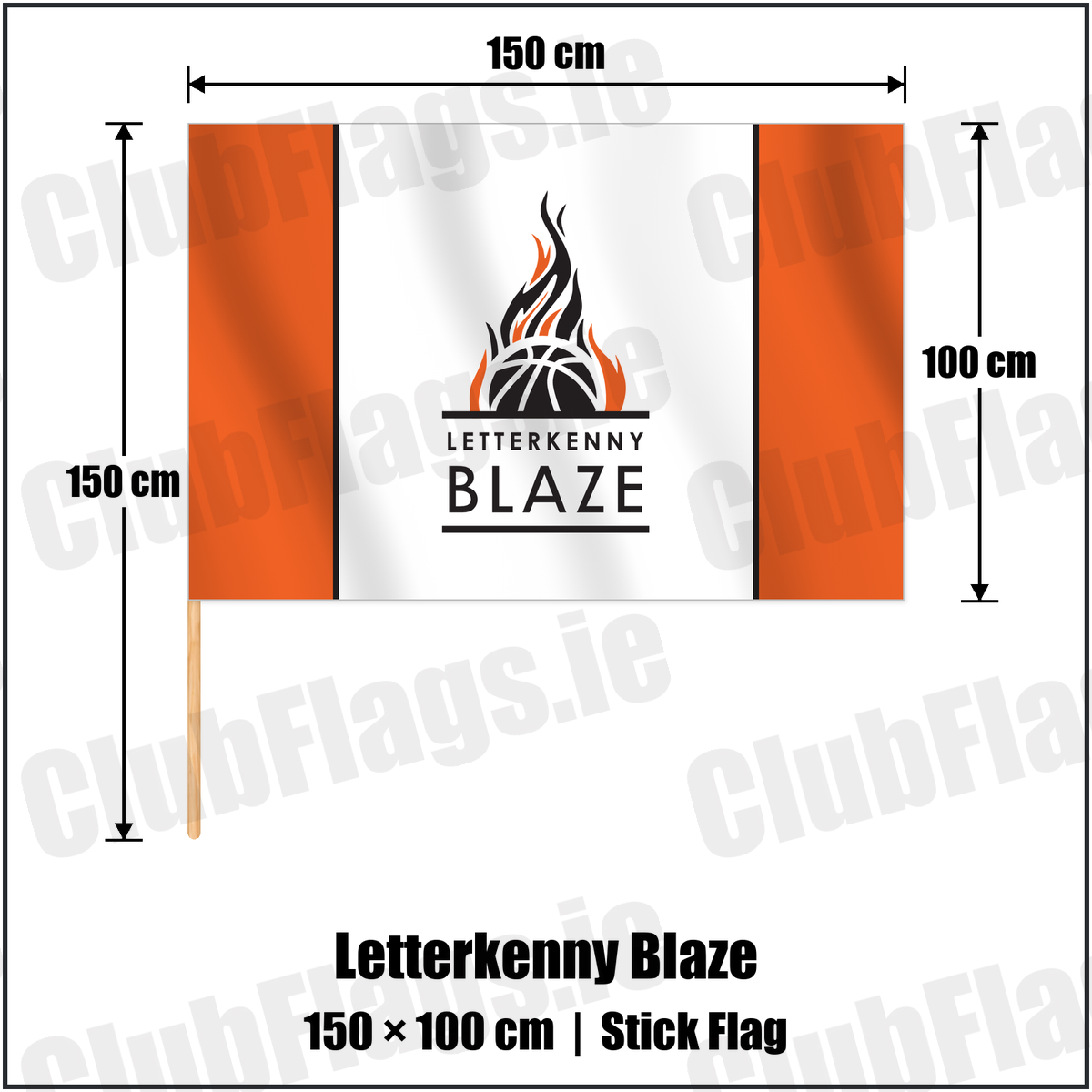 Letterkenny Blaze 100cm x 150cm Stick Flag with the club crest and colours, Donegal Basketball - ClubFlags.ie