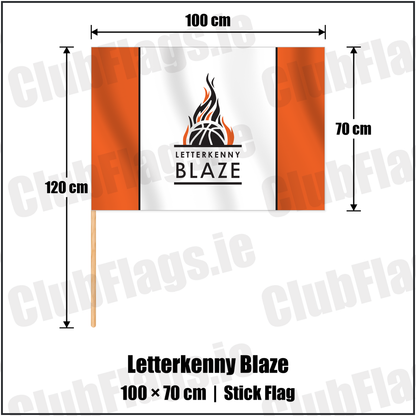 Letterkenny Blaze 70cm x 100cm Stick Flag with the club crest and colours, Donegal Basketball - ClubFlags.ie