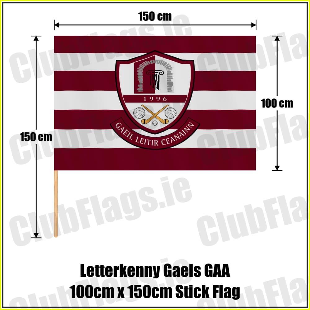 Letterkenny Gaels GAA, County Donegal, maroon and white club-crest flag, 100 cm high by 150 cm wide, with wooden stick.