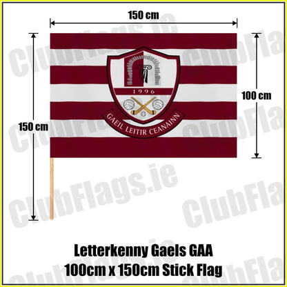 Letterkenny Gaels GAA, County Donegal, maroon and white club-crest flag, 100 cm high by 150 cm wide, with wooden stick.