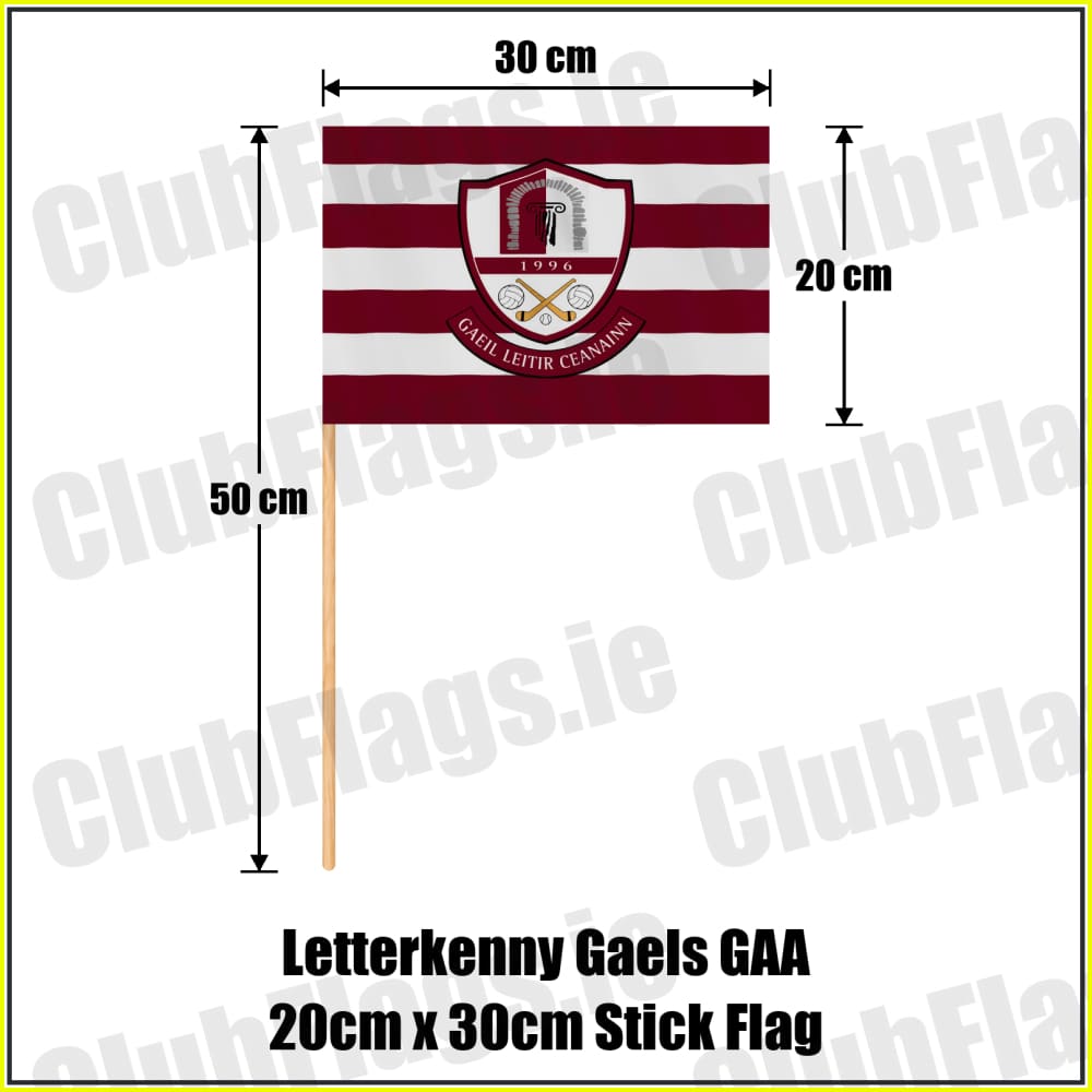 Letterkenny Gaels GAA, County Donegal, maroon and white club-crest flag, 20 cm high by 30 cm wide, with wooden stick.