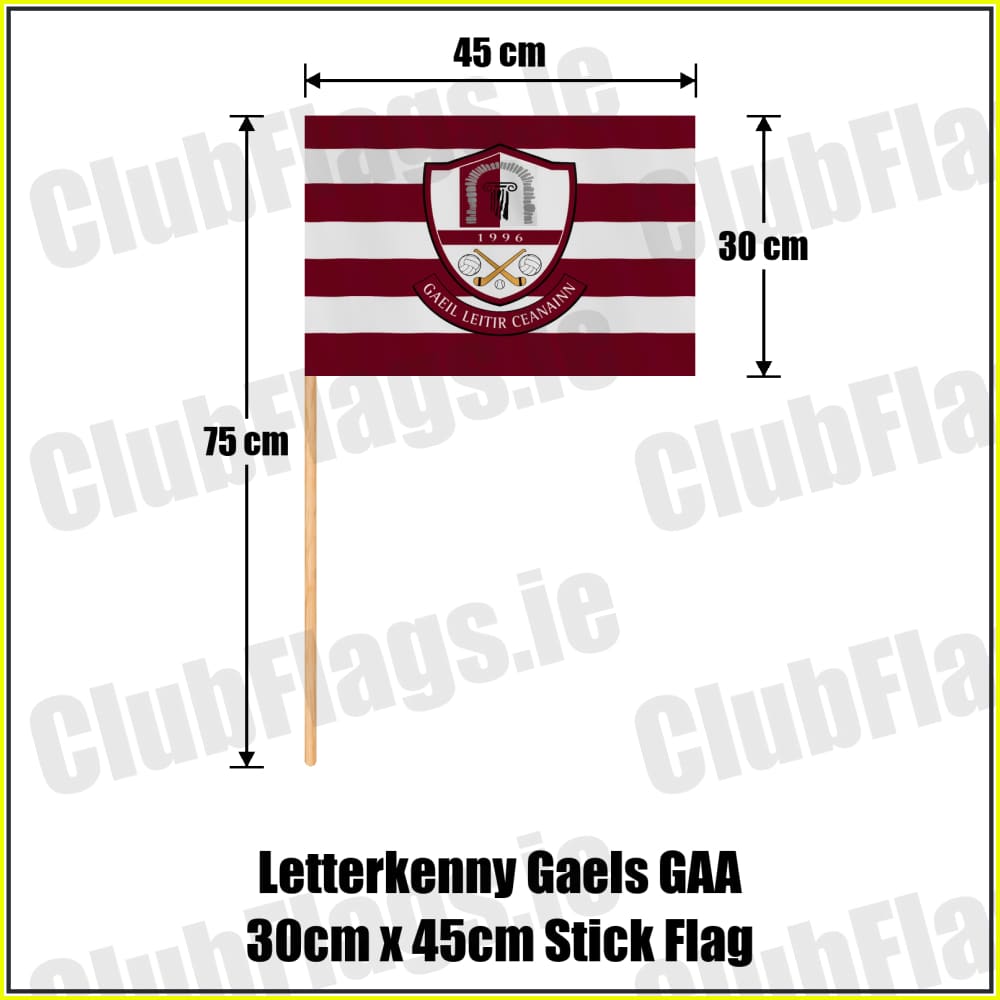 Letterkenny Gaels GAA, County Donegal, maroon and white club-crest flag, 30 cm high by 45 cm wide, with wooden stick.