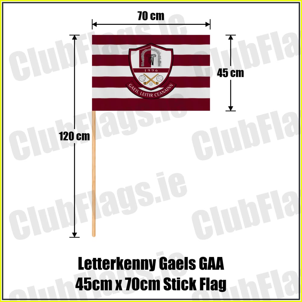 Letterkenny Gaels GAA, County Donegal, maroon and white club-crest flag, 45 cm high by 70 cm wide, with wooden stick.