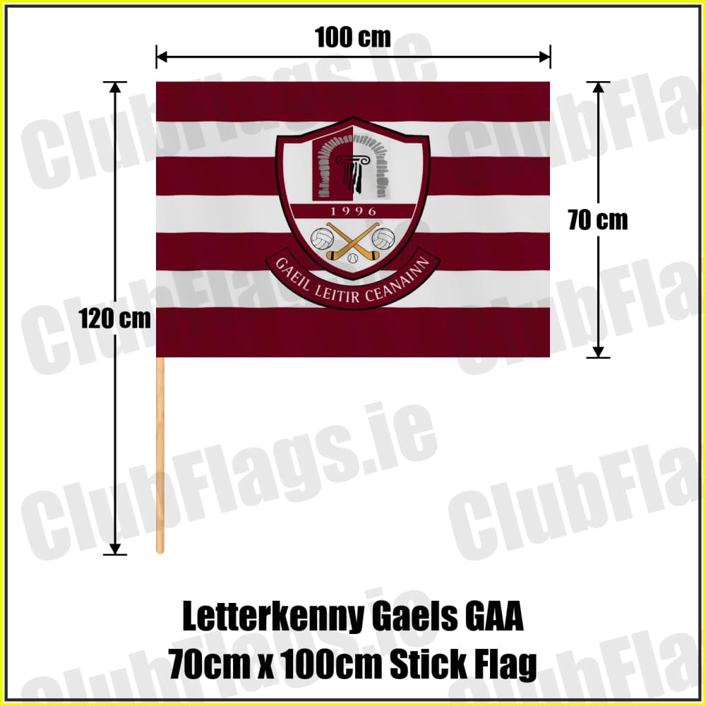 Letterkenny Gaels GAA, County Donegal, maroon and white club-crest flag, 70 cm high by 100 cm wide, with wooden stick.