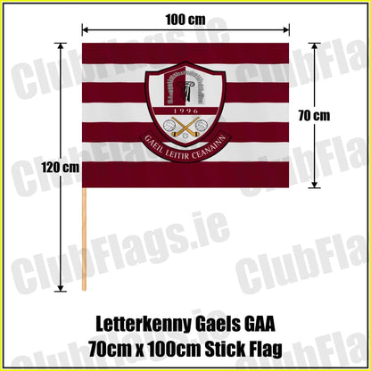 Letterkenny Gaels GAA, County Donegal, maroon and white club-crest flag, 70 cm high by 100 cm wide, with wooden stick.