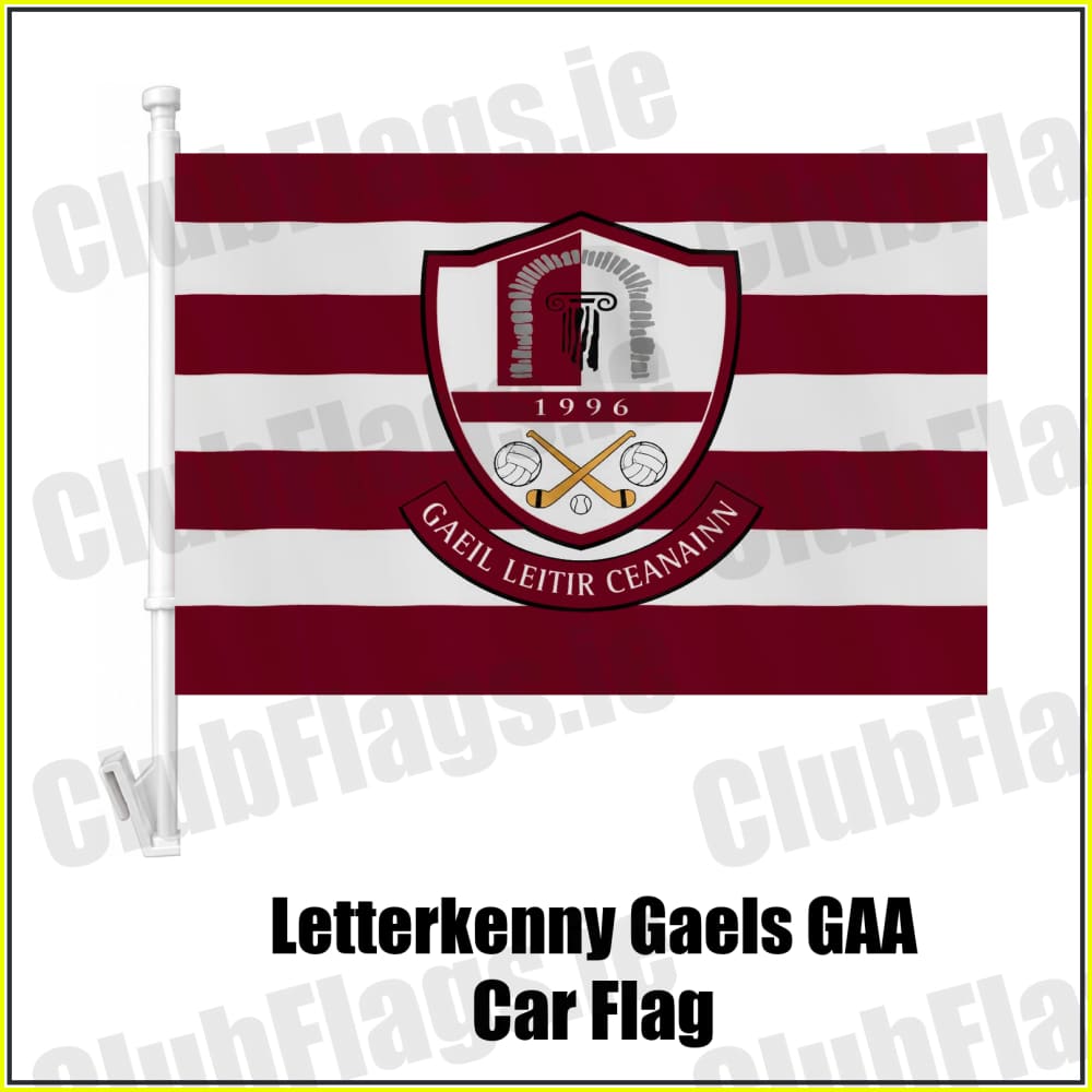 Letterkenny Gaels GAA, County Donegal, maroon and white club-crest car flag with white plastic window mount.