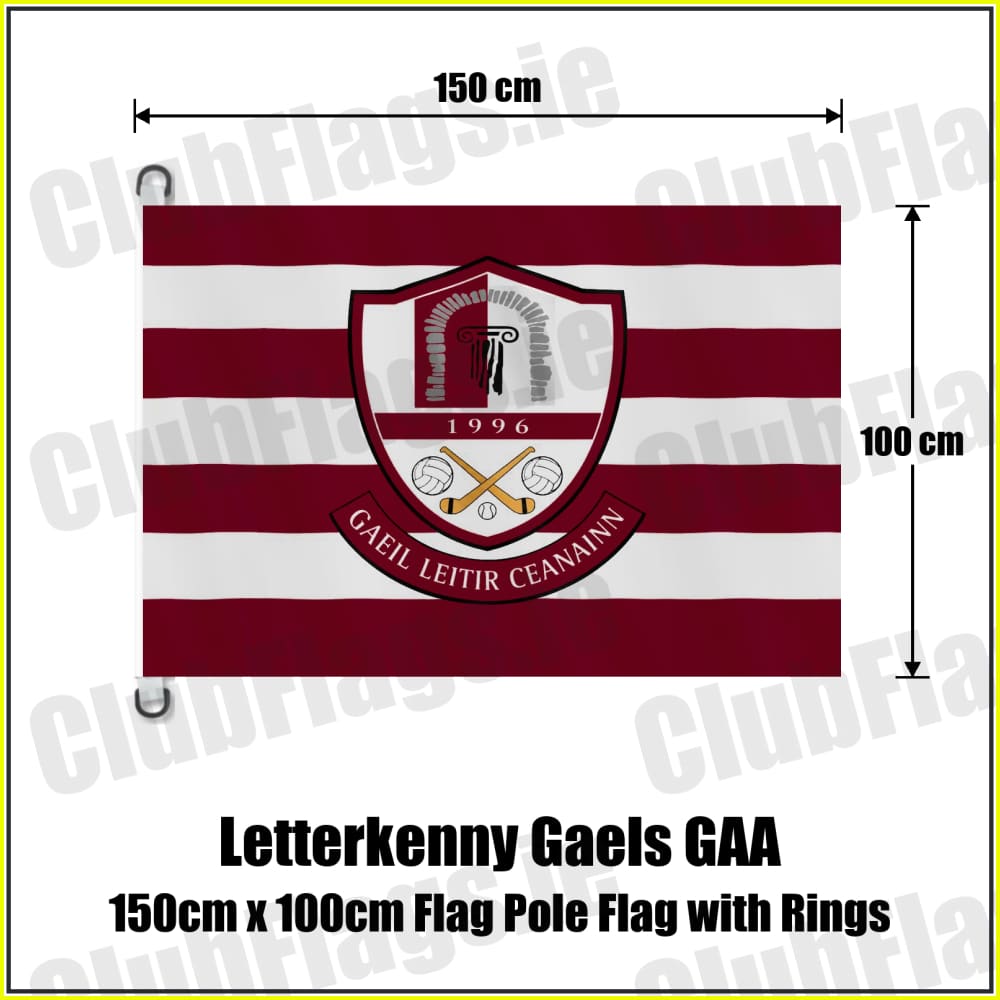 Letterkenny Gaels GAA, County Donegal, maroon and white club-crest flag, 150 cm wide by 100 cm high, with two D rings; pole not included.