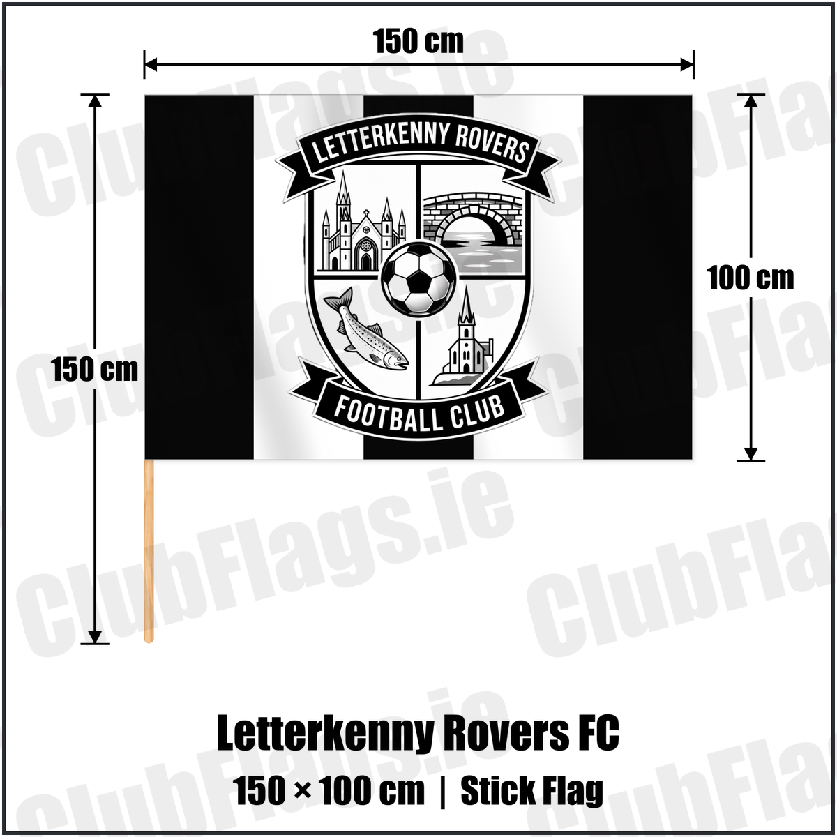 Letterkenny Rovers FC 100cm x 150cm Stick Flag with the club crest and colours, Donegal Football - ClubFlags.ie