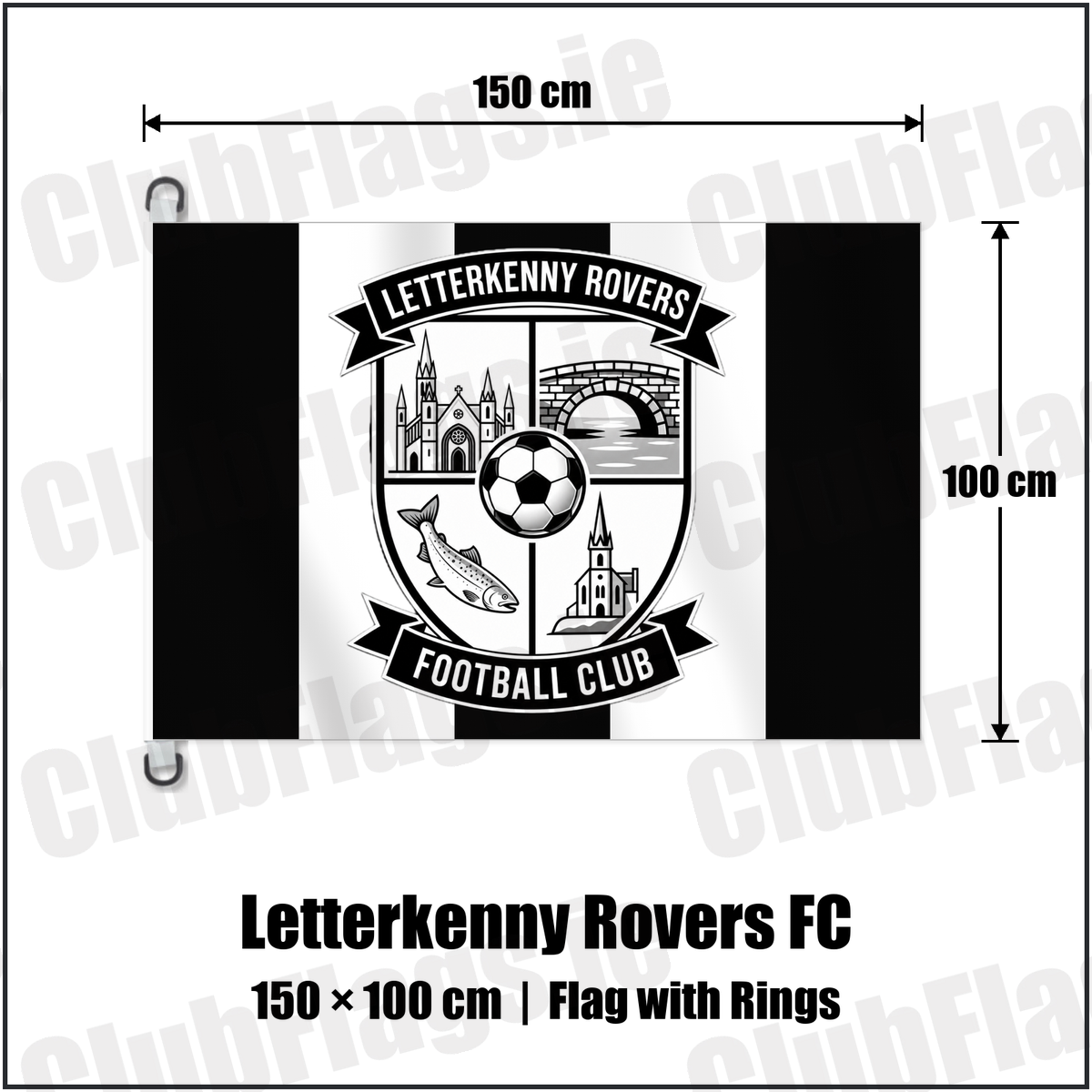 Letterkenny Rovers FC 150cm x 100cm Flag Pole Flag with Rings with the club crest and colours, Donegal Football - ClubFlags.ie