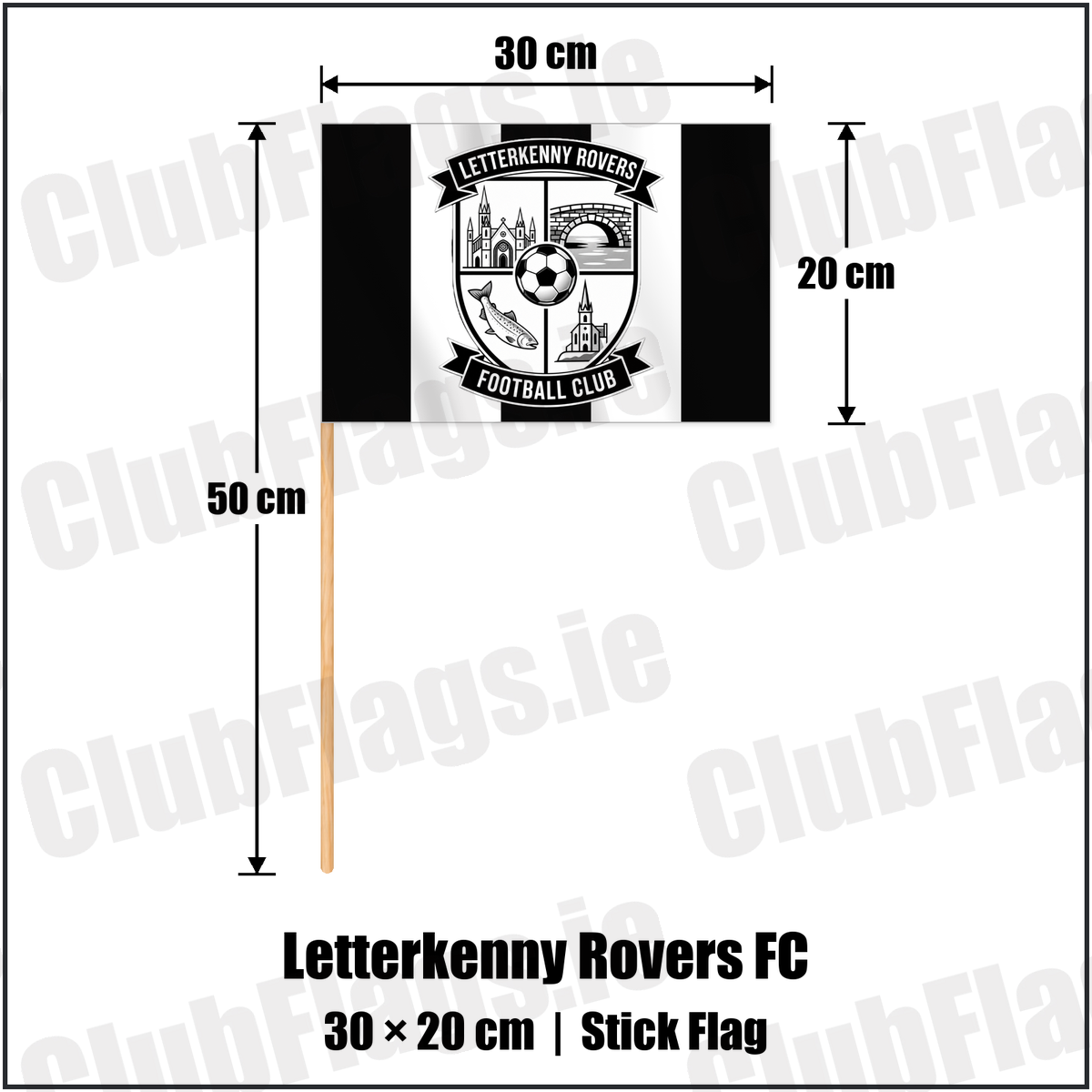 Letterkenny Rovers FC 20cm x 30cm Stick Flag with the club crest and colours, Donegal Football - ClubFlags.ie