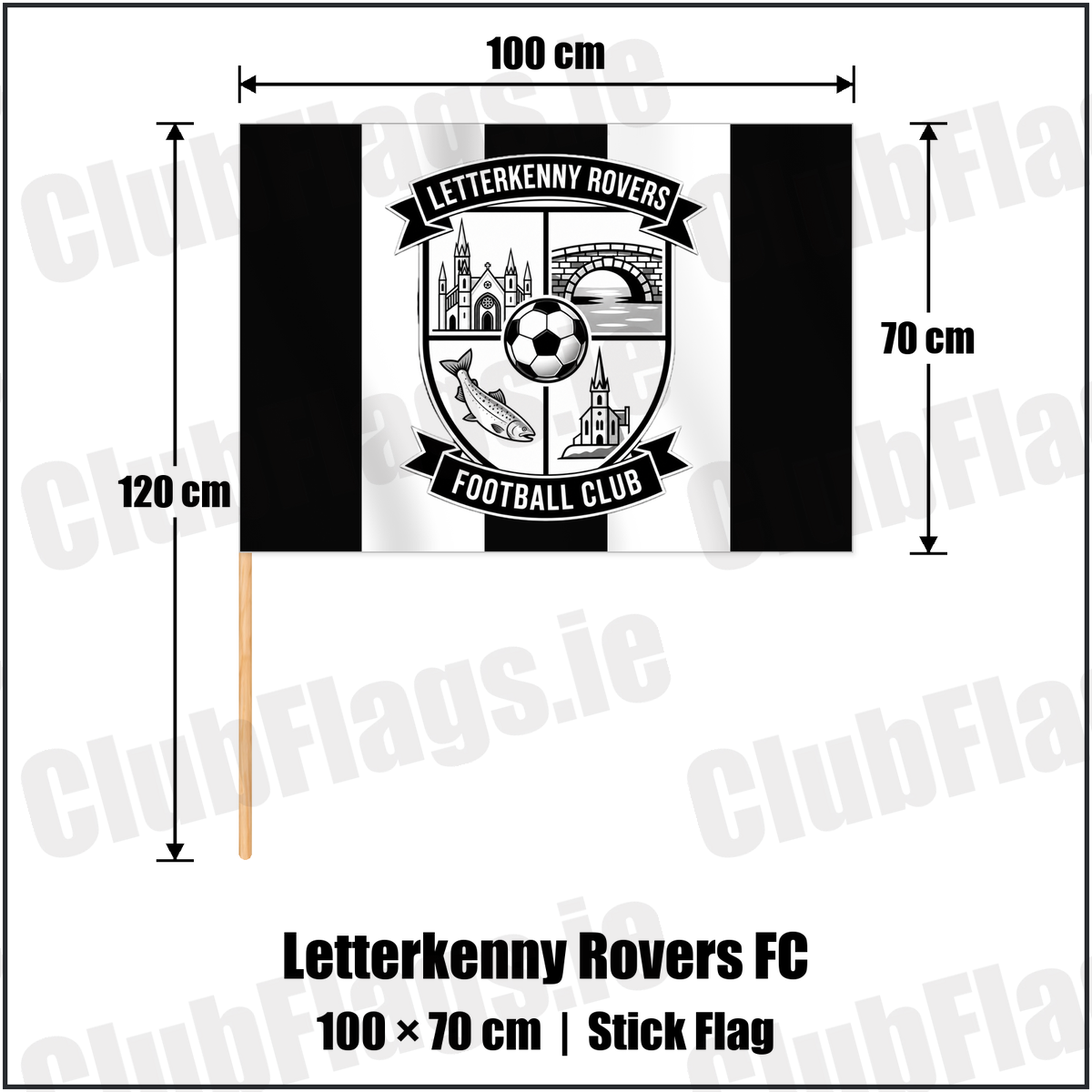 Letterkenny Rovers FC 70cm x 100cm Stick Flag with the club crest and colours, Donegal Football - ClubFlags.ie
