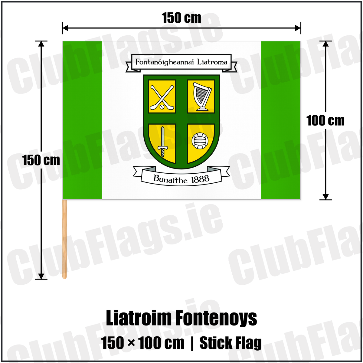 Liatroim Fontenoys 100cm x 150cm Stick Flag with the club crest and colours, Down GAA - ClubFlags.ie