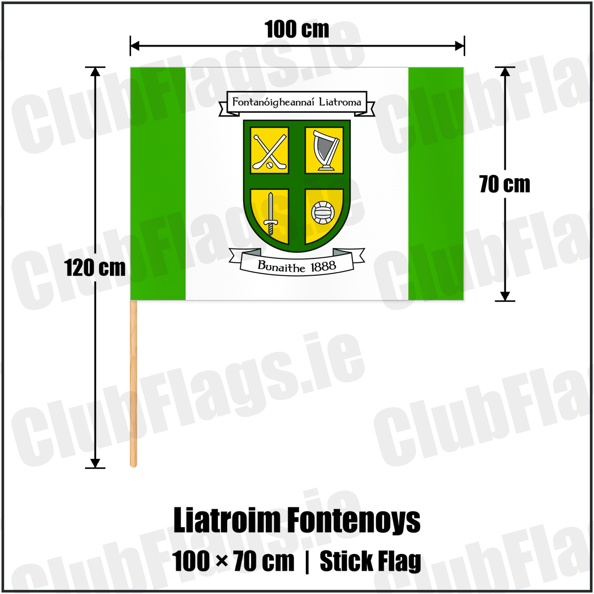 Liatroim Fontenoys 70cm x 100cm Stick Flag with the club crest and colours, Down GAA - ClubFlags.ie